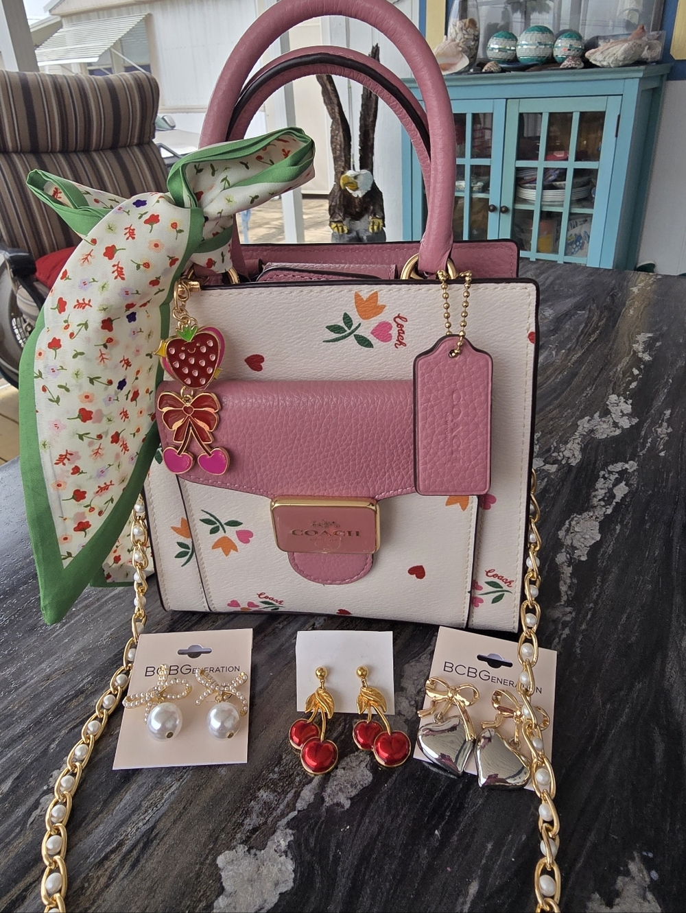 COACH NWOT Pink and Cream Floral Leather Crossbody 5Piece!